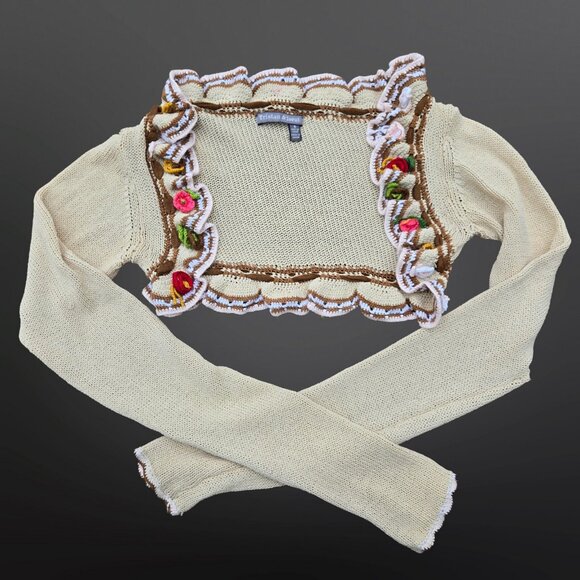 90s Y2K Shrug Cardigan Womens S Crochet flowers Fairy Cottage Grunge Boho Rave - Picture 2 of 12